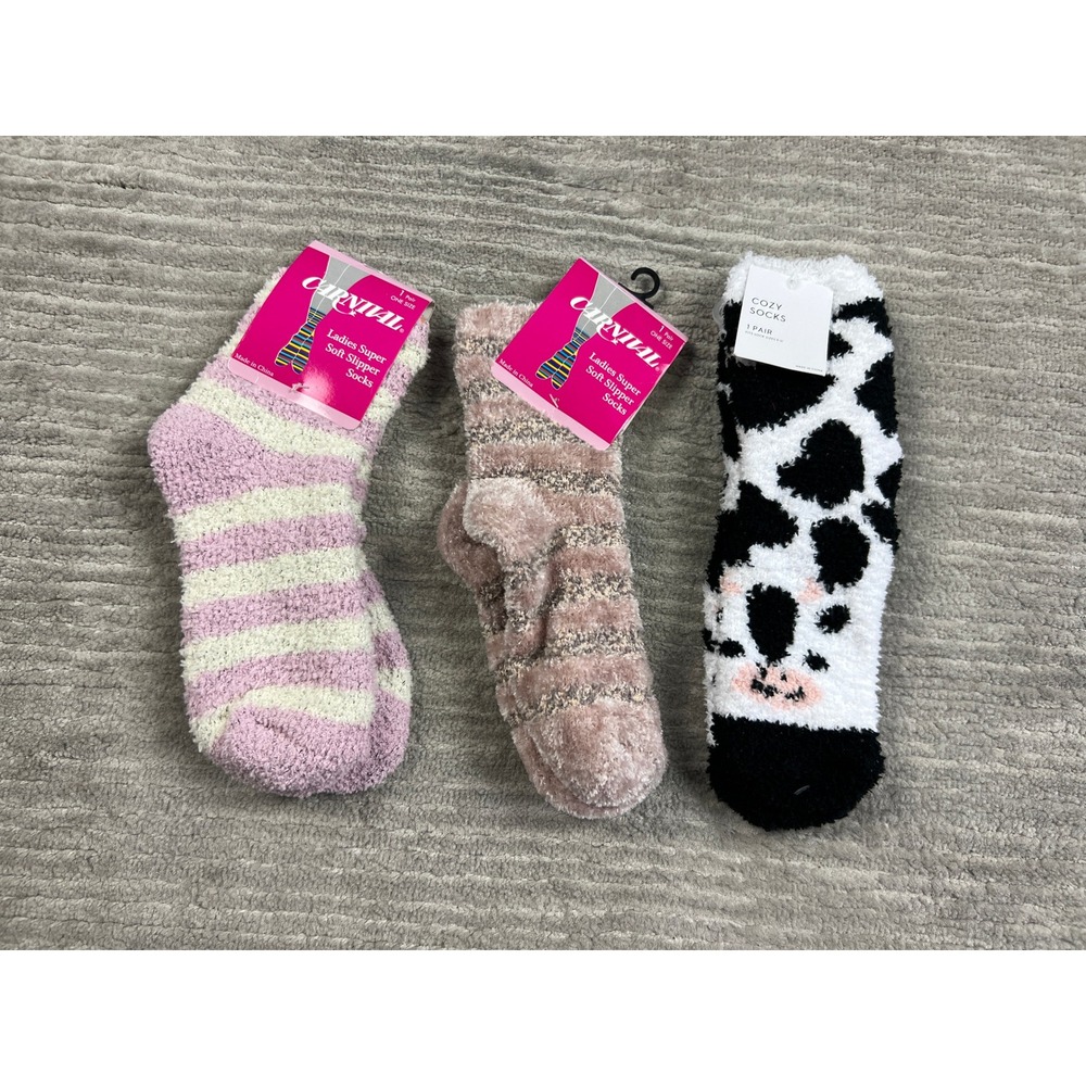 Carnival Slipper Socks Women One Size Multi Cow Print Striped Fuzzy Plush 3 Pack